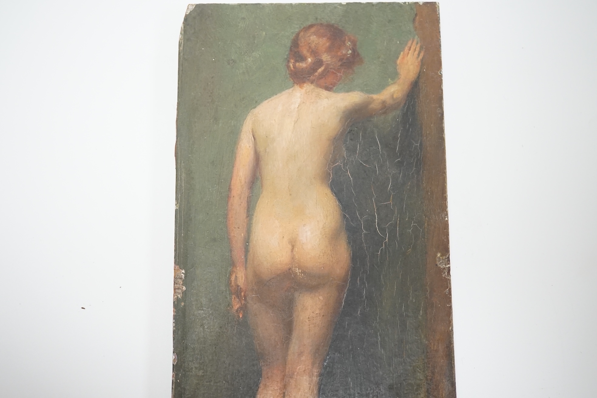 Allan Douglas Davidson RBA, ROI (1873-1932), oil on panel, full length study of a nude woman, signed, 23 x 11cm. Condition - poor